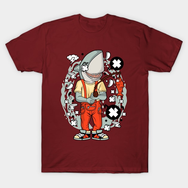 Shark Fisherman Illustration T-Shirt by Mako Design 